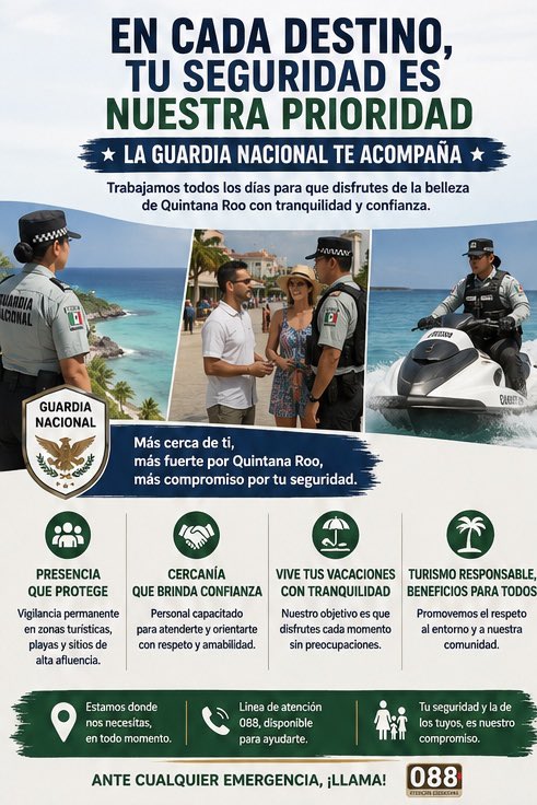GNQRoo's tweet photo. La Guardia Nacional fortalece su presencia en playas, carreteras y destinos turísticos de Quintana Roo para brindar seguridad, orientación у apoyo a la ciudadanía y a los visitantes.
Tu seguridad es nuestra prioridad.
#GuardiaNacional #QuintanaRoo
#ProtecciónCiudadana https://t.co/ZcGtdl6ORc