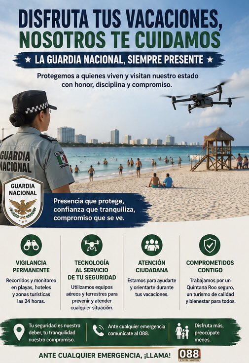 GNQRoo's tweet photo. La Guardia Nacional fortalece su presencia en playas, carreteras y destinos turísticos de Quintana Roo para brindar seguridad, orientación у apoyo a la ciudadanía y a los visitantes.
Tu seguridad es nuestra prioridad.
#GuardiaNacional #QuintanaRoo
#ProtecciónCiudadana https://t.co/ZcGtdl6ORc