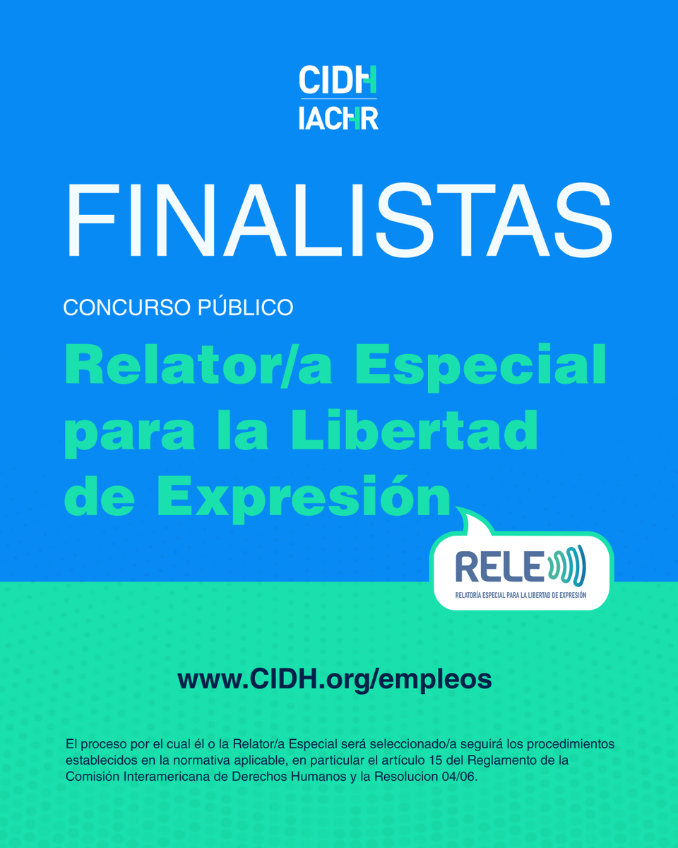 CIDH's tweet photo. #CIDH anuncia las personas finalistas para el cargo de Relator/a Especial para la Libertad de Expresión:

▪️Carrillo Villamizar, Raissa - Colombia
▪️Correa Barros, Carlos José - Venezuela
▪️Giacaman, Sarah Viviana - Chile
▪️Herrera Ulloa, Mauricio - Costa Rica
▪️Miño Buitrón, María - Ecuador
▪️Negrete Morayta, Alejandra - México
▪️Ponce, Matías - Uruguay
▪️Ricaurte, César - Ecuador
▪️Rivero Gutiérrez, María- Venezuela
▪️Salas Sánchez, Laura - México

La Comisión invita a los Estados Miembros de la OEA y a la sociedad civil a presentar observaciones en el marco de la consulta pública del proceso de selección, hasta el 27 de agosto de 2026.

👉🏽🔗📰https://t.co/3rGcbXKIhV