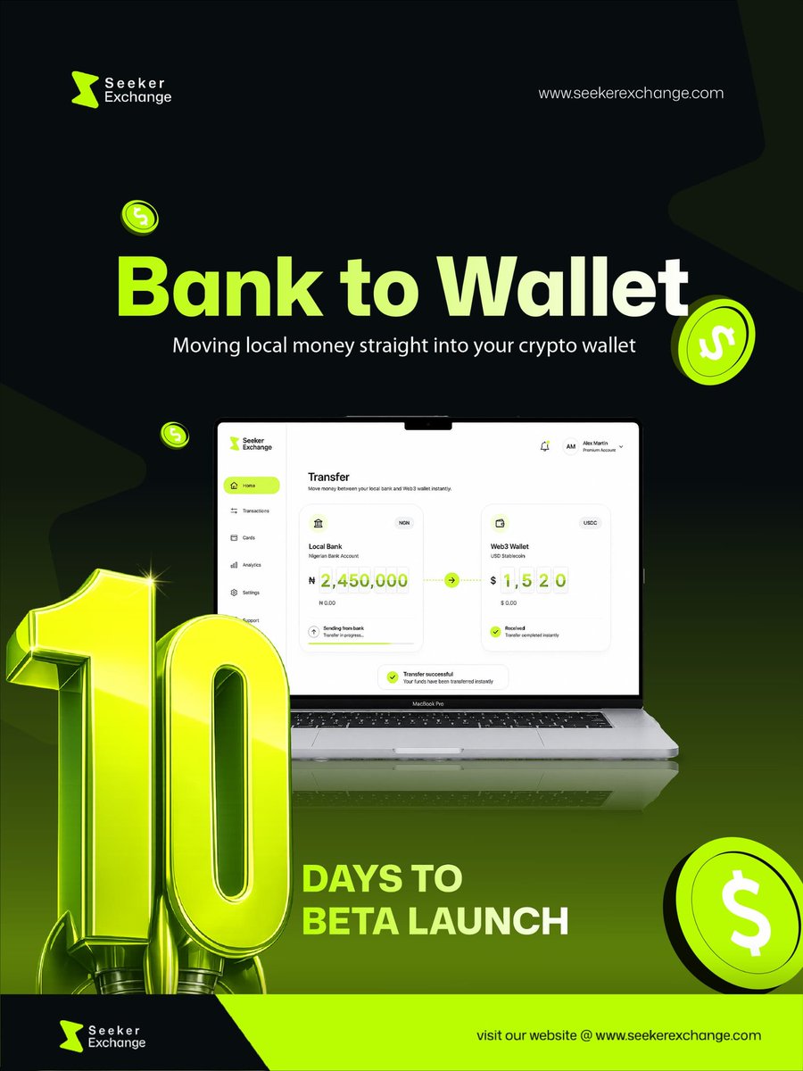 seeker_exchange's tweet photo. The countdown is on🔥

Every day brings us closer to opening the doors to Seeker Beta.

We've spent months building a fast, simple and secure way to move between your bank and your crypto wallet.

In just 10 days, you'll finally get to experience what we've been working on

We're really excited and we hope you are too🤭💚

#seeker
#countdown