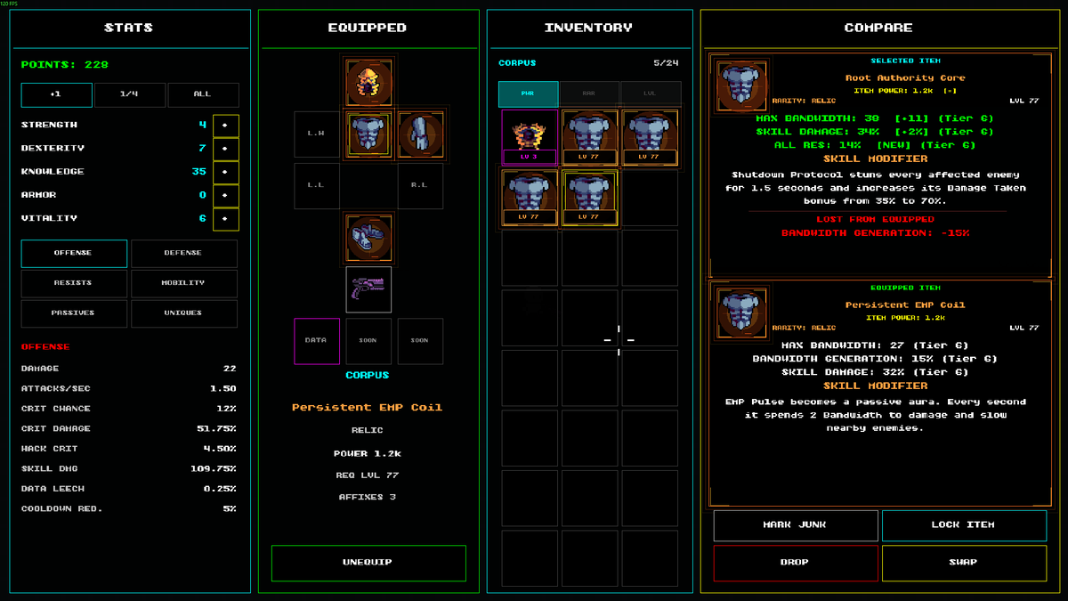 4TinsStudios's tweet photo. Working on Hacker modifiers in PROTOCOL VOID 💻
✅ First Relics with dedicated skill modifiers added
✅ More Hacker build options in progress
✅ Equipment UI received another visual upgrade
Your gear doesn’t just increase stats, it can reshape how your skills work.

#indiedev #gamedev #arpg #gamemaker