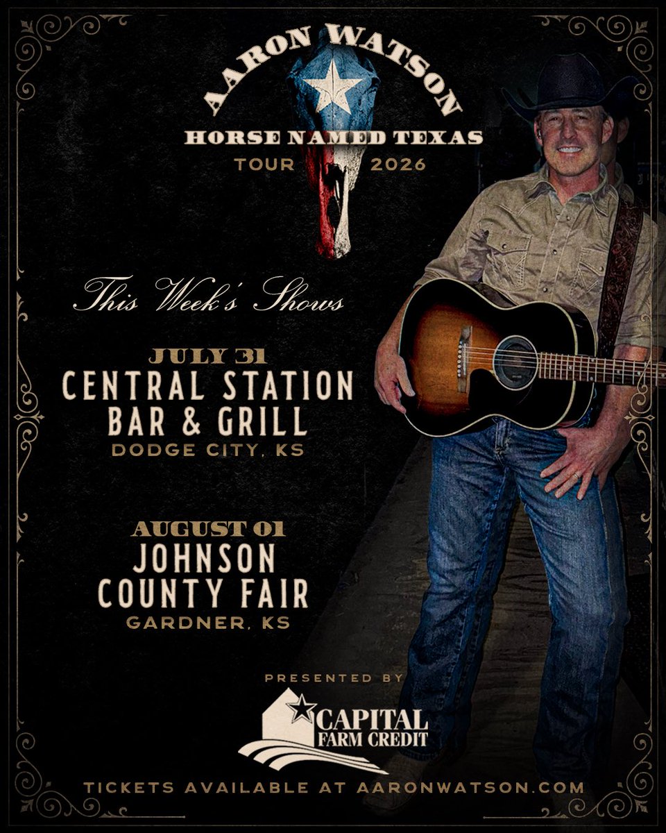 aaron_watson's tweet photo. We’re coming to Kansas THIS WEEK!! Hope to see y’all there!

JUL 31 | CENTRAL STATION BAR &amp; GRILL | DODGE CITY, KS

AUG 01 | JOHNSON COUNTY FAIR | GARDNER, KS

Tickets: https://t.co/vIWf7uZ5LN https://t.co/pkkVn7Twa9