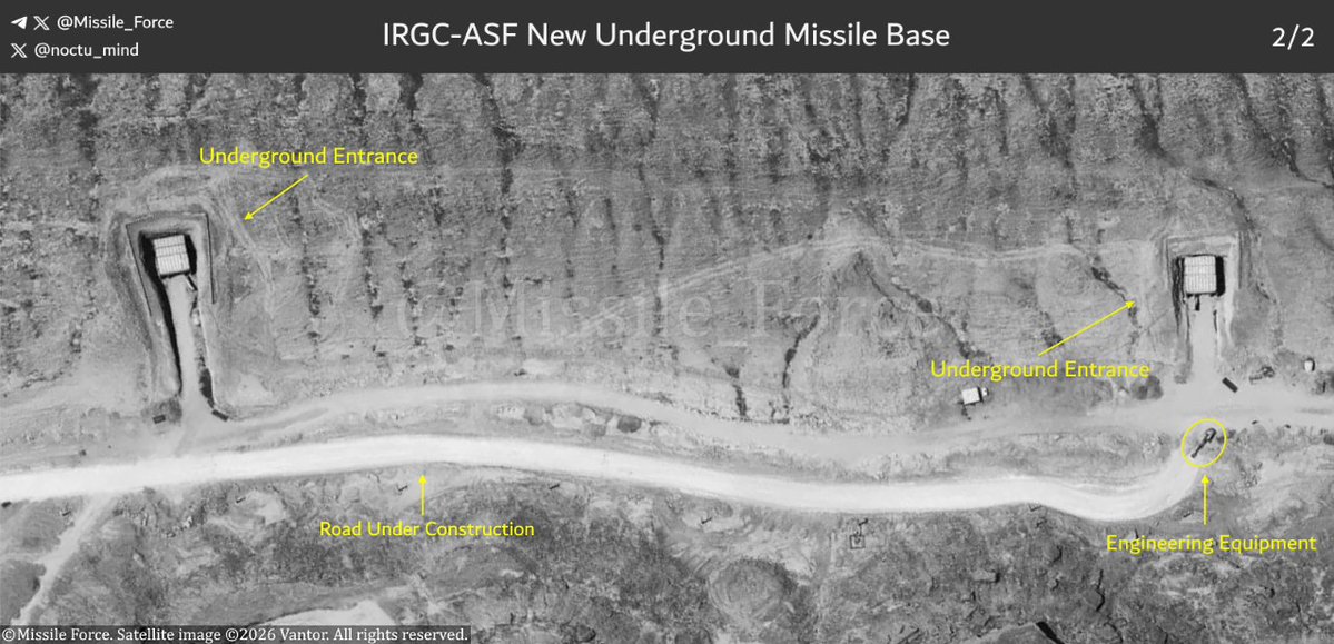 Missile_Force's tweet photo. Satellite imagery shows four entrances at an underground missile base still under development. Each entrance has been equipped with an unidentified protective structure, likely intended to reduce the risk of entrance blockage during airstrikes.
Collaboration: @noctu_mind https://t.co/ZZfFv1qgaZ