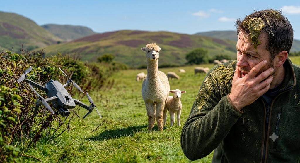 SamaHoole's tweet photo. Eduardo spat for the fifth time in seven years on Wednesday, and the recipient had a drone.

You need to know what the count means before the drone matters. An alpaca's spit is not saliva. It is the contents of one of three forestomach chambers, brought back up the oesophagus and delivered about three metres with the accuracy of a man throwing a dart at a wall he is leaning against. It carries partly fermented grass, gastric acid at somewhere near pH 2, and a smell that people on the receiving end describe as permanent. It does not come out of fabric. It does not come out of hair. It does not come out of the memory.

Four times in seven years. A fox. A stray dog. A journalist who got too close to the smaller ones. A man from the council, who did come back, but in sealed eyewear.

That is the entire system. He almost never has to.

On Wednesday a man was flying a drone from the footpath, low, in passes, the way they do once they have found something photogenic. The flock bunched. The orphan lamb, who thinks it is an alpaca, went and stood at Eduardo's shoulder with its ears flat, being no help whatsoever.

Eduardo watched two passes. Then he walked, unhurried, across sixty metres of field to the fence line nearest the man.

He did not spit at the drone. There is no teaching a drone anything.

He spat at the operator.

The drone came down in the hedge. The man went back to his car at a pace suggesting he had reconsidered a number of things, and somewhere on the road home he will have understood that it is not going to wash out, that he is going to have to explain it, and that no version of the explanation does him any credit at all.

Eduardo went back to the geometric centre of the field and hummed once.

He has never yet had to do it twice to the same person.