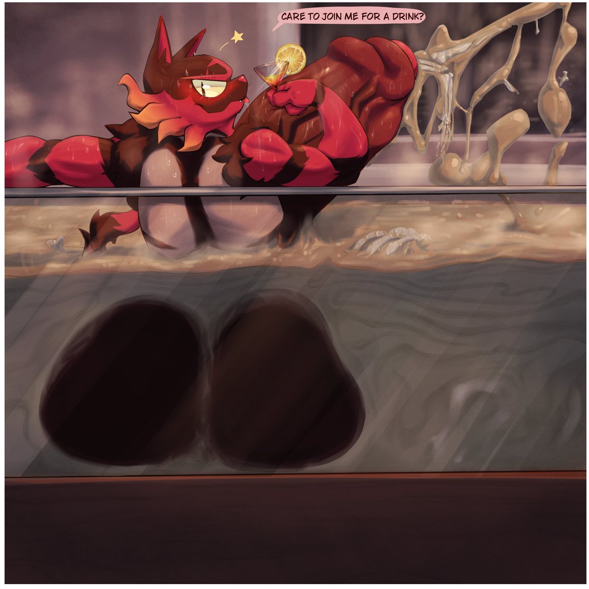Incinevorer's tweet photo. It’s Incineroar day and daddy’s furnaces are running extra hot today~

What better way to enjoy my day than relaxing in a pool and having a cool drink?~

Be a good boy and churn into even more heavy Incineroar seed. Slide right in and become part of me for good~ 

🖌: @F_9578 https://t.co/dRanJ3qwwK