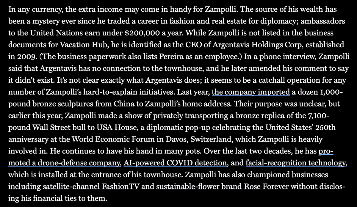 lifevicarious's tweet photo. While digging through Zampolli's shells and finances, I also learned the backstory of the Wall Street bull replica Zampolli brought to Davos, which @ELaserDavies and @Cat_Zakrzewski wrote about earlier this year. 

https://t.co/5nBvwfbHE6 https://t.co/xDePDh6npG