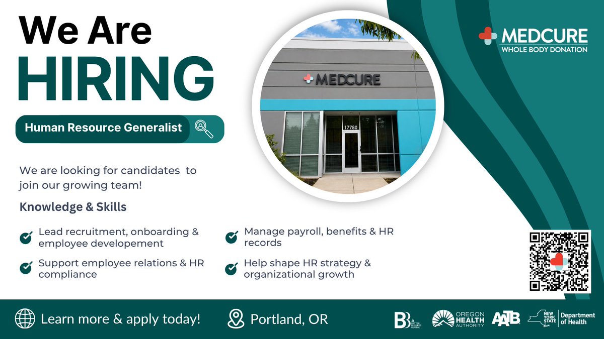 MedCure_'s tweet photo. 📣We're hiring a Human Resource Generalist in Portland, OR!

Help shape our workplace through recruiting, employee development, and HR operations while supporting medical education &amp; research.

Apply here: https://t.co/JF08SXB1mN
#nowhiring #portlandjobs #HRjobs #careers #medcure https://t.co/ig6VyZENT6