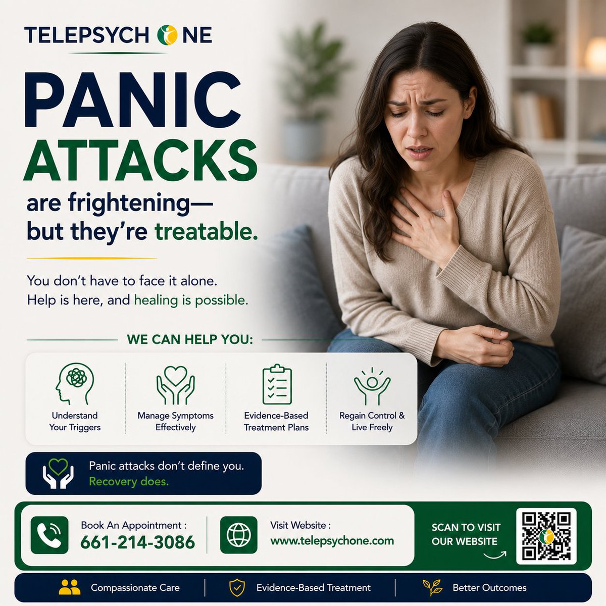 TelepsychOne's tweet photo. A panic attack can happen suddenly—often without warning. Your heart races, your chest feels tight, you may struggle to breathe, feel dizzy, shaky, or think you're having a heart attack. 

Free Consultation Pre Screening Questionnaire: https://t.co/186xX9qWoF

Call : 661-214-3086 https://t.co/Pqu2Gdsrxz