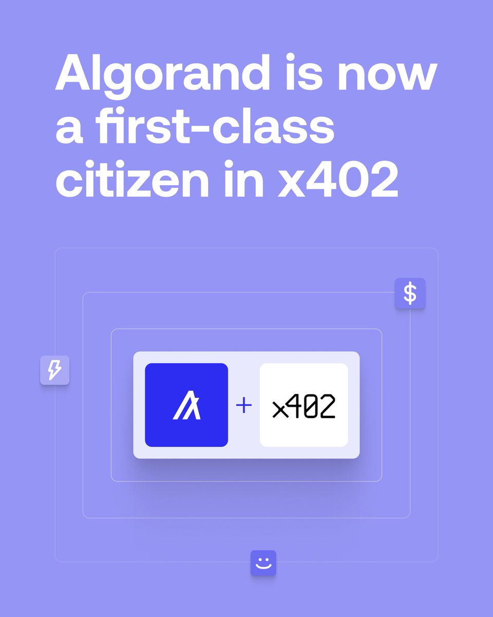 AlgoFoundation's tweet photo. AI agents can now pay for things on their own. No human, no checkout, no API key.

It's called x402, and the chain it settles on is about to matter way more than anyone's admitting.

What it is, and why the agent economy gets built on Algorand 🧵 https://t.co/7buBjBMqAF