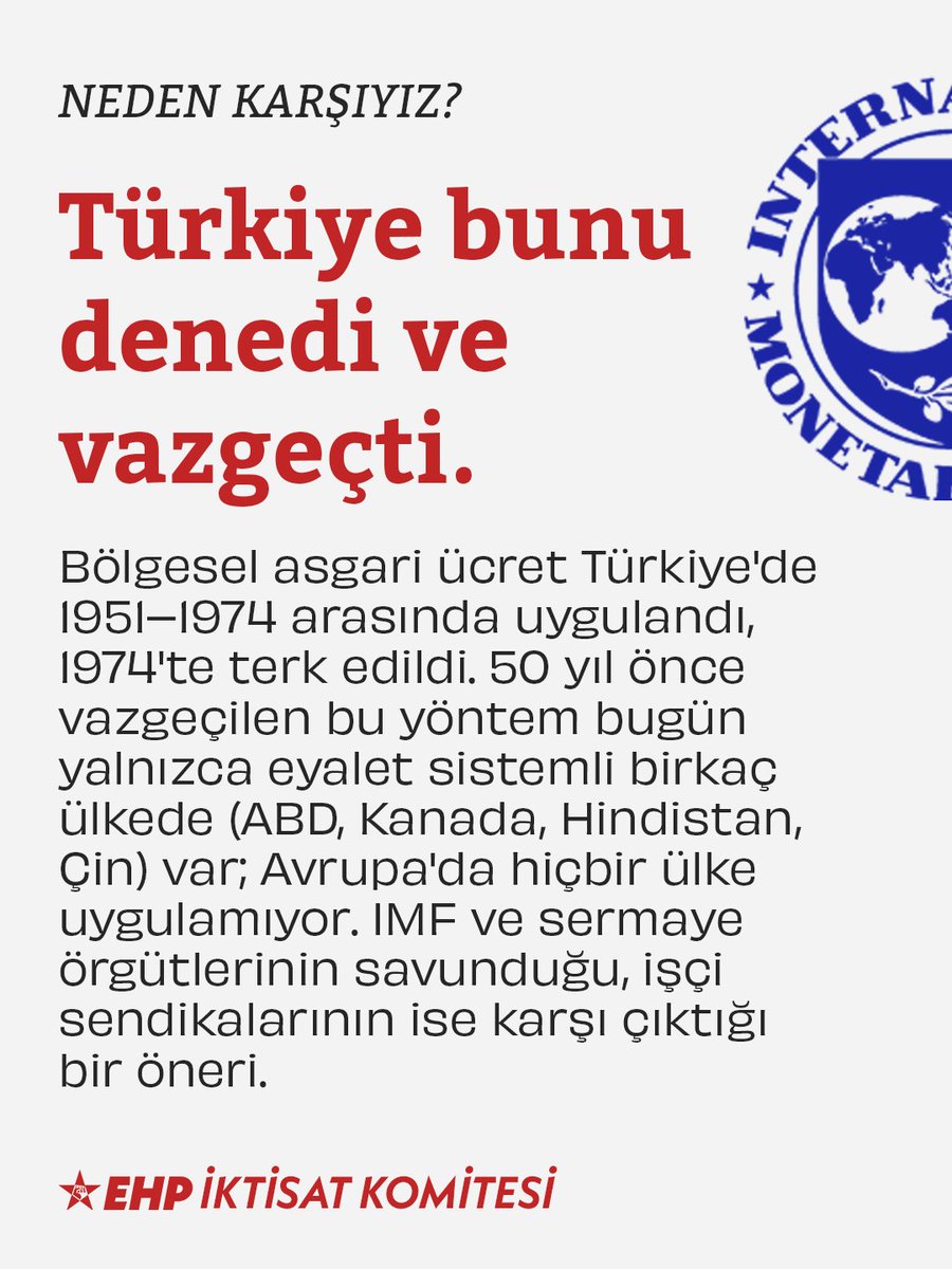 emekcihareketi's tweet photo. 🔴 Neden karşıyız?

➡️ Asgari ücretin altı olmaz.
➡️ Türkiye bunu denedi ve vazgeçti.
➡️ Ücretli çalışanların yaklaşık yarısı asgari ücret ve civarında ücretle geçiniyor. 
➡️ Asgari ücreti bölgelere bölmek ücretlerde dibe doğru yarışı getirecek. https://t.co/r5IF9ex1MN