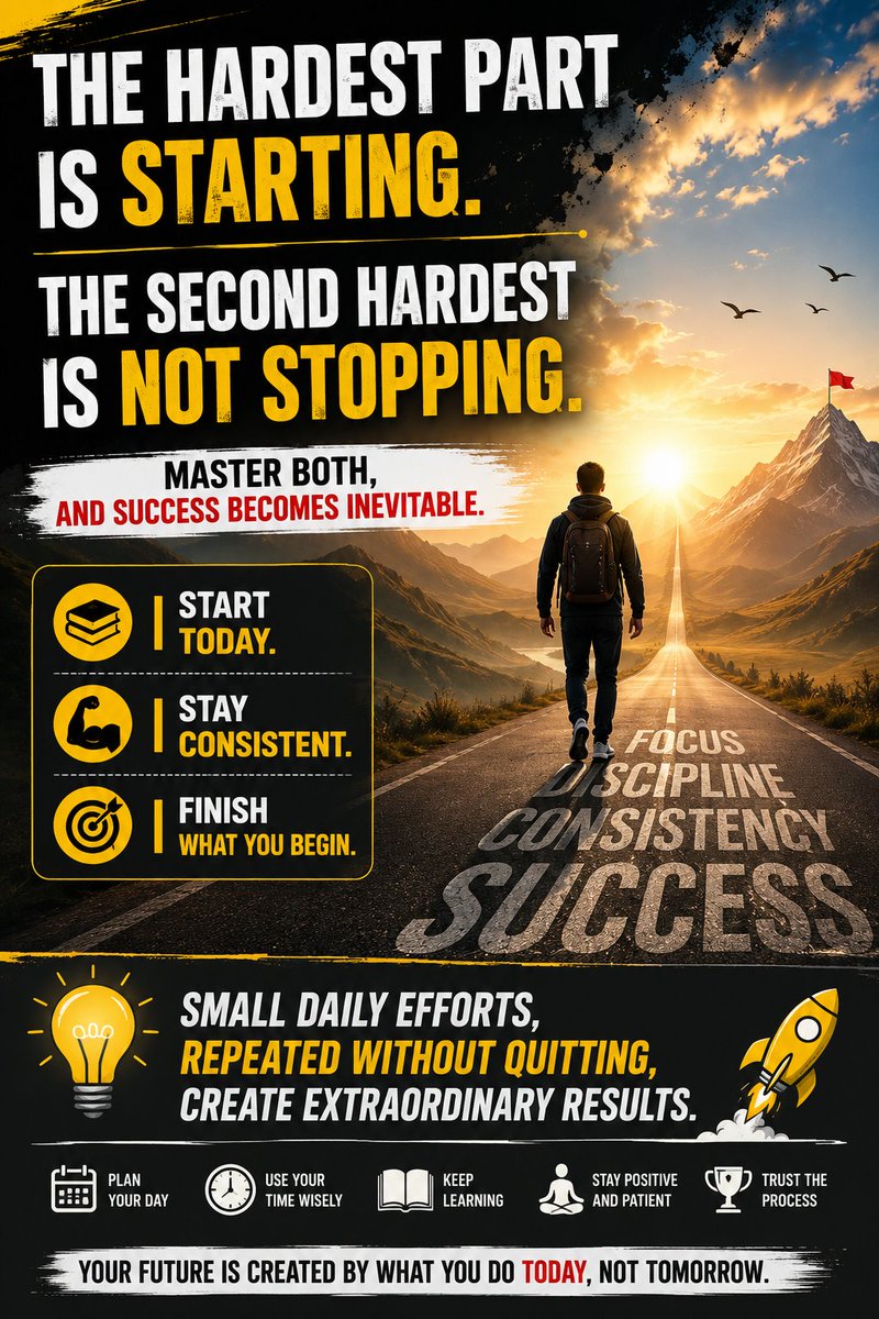 BihariN01's tweet photo. The hardest part is starting.
The second hardest is not stopping.

Master both,
and success becomes inevitable.

📚 Start today.
💪 Stay consistent.
🎯 Finish what you begin.

✨ Small daily efforts, repeated without quitting, create extraordinary results. 🚀
#SelfAwareness https://t.co/c67RMCKara
