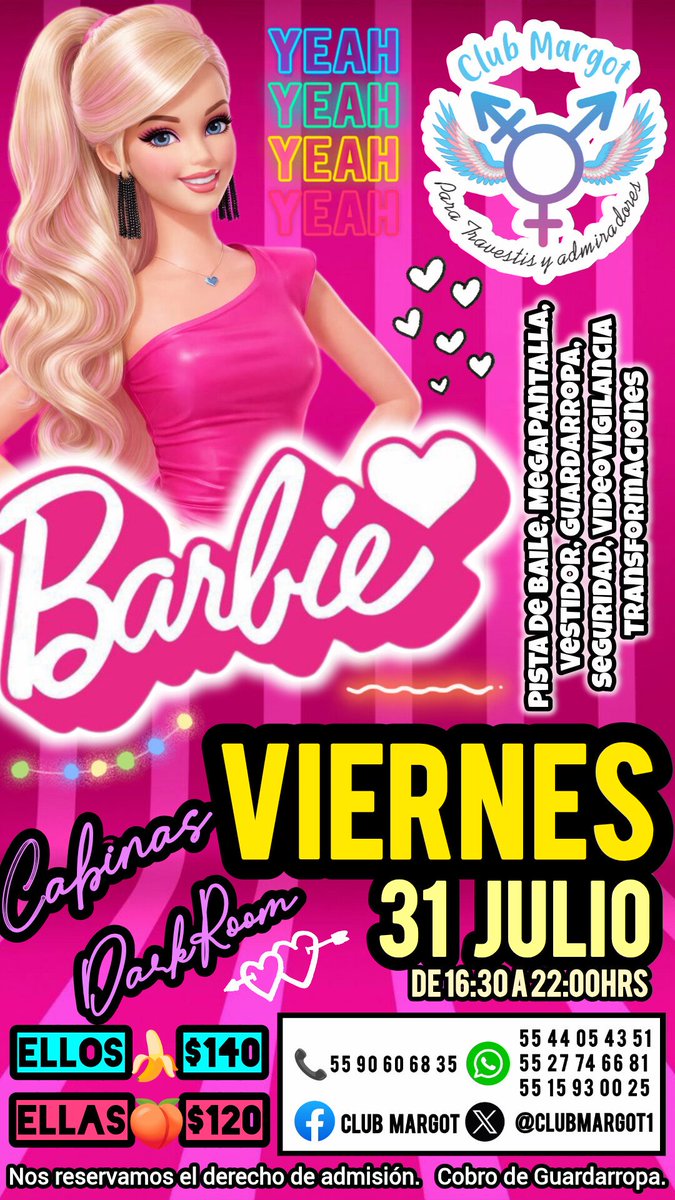 CLUBMARGOT1's tweet photo. ⭐🦄 #BARBIE 🦄⭐

🩷🩷 VIERNES 31 JULIO 🩷🩷
🕕 De 16:30 a 22:00hrs 🕕

💟 TODAS DE ROSA 💟

Una de las temáticas consentidas por las REINAS del CLUB 😍

Disfruta con nosotros de un evento muy PINK, pero sobre todo MUY ERÓTICO 😈

Tenemos las mejores ÁREAS de INTERACCIÓN 🔥 

⚡CABINAS
⚡DARKROOM

Todo en EL MEJOR ESPACIO DE CONVIVENCIA DE NUESTRA COMUNIDAD 🥳 

🥇SOMOS ÚNICOS, SOMOS LOS MEJORES🥇