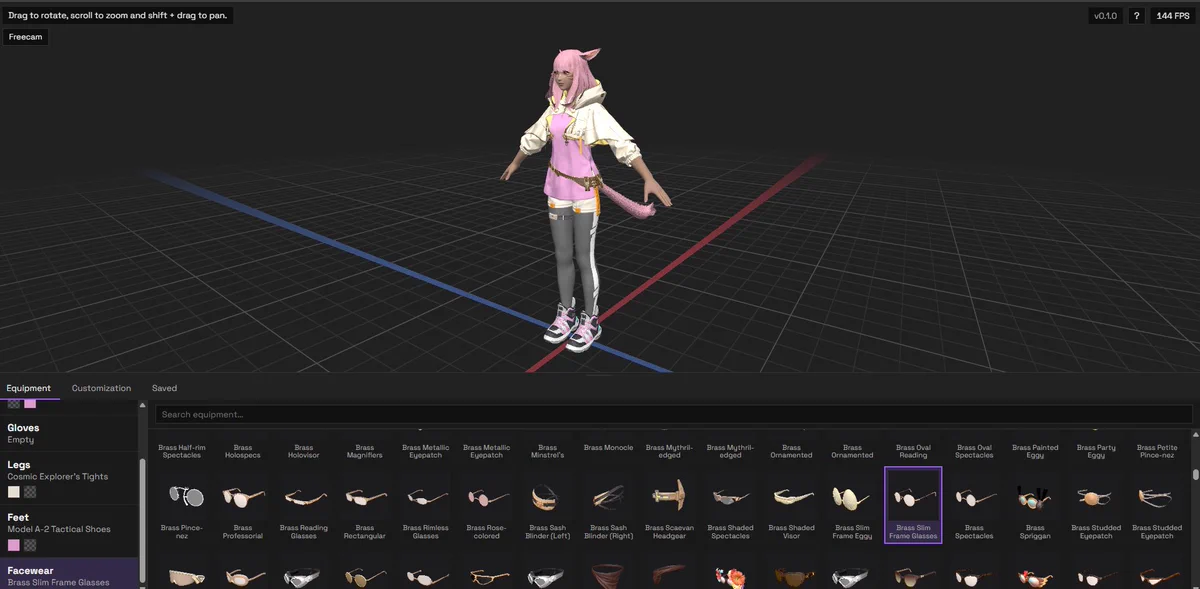 Image showcasing  XIVC, which allows for recreating FFXIV characters on a website. The posters FFXIV character is shown in the middle, while the menu which allows for selecting the characters equipment is shown below.