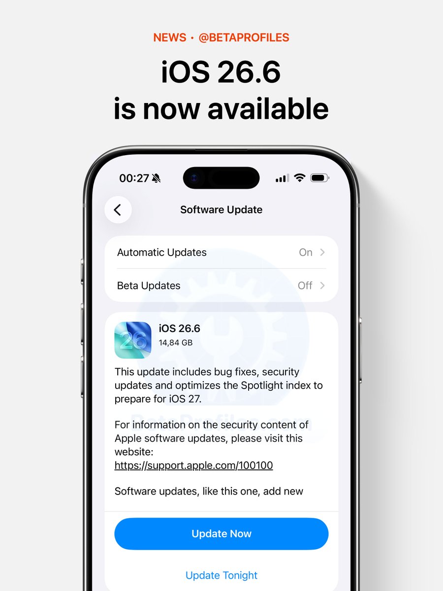 BetaProfiles's tweet photo. Apple has released iOS 26.6 🔥 https://t.co/0AQ0nKS9LF