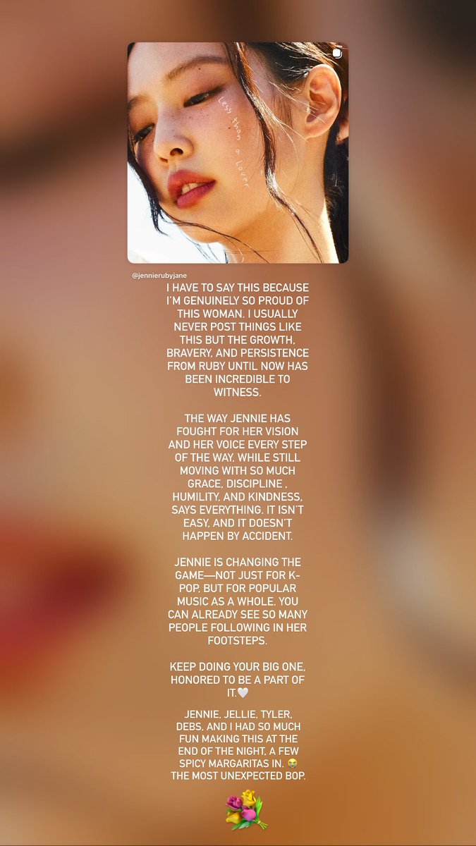 JennieDCGallery's tweet photo. 260727 “Less than a Lover” songwriter and producer Bibi Bourelly praises #JENNIE in a heartfelt message.

I have to say this because I’m genuinely so proud of this woman. I usually never post things like this, but the growth, bravery, and persistence from “Ruby” until now has been incredible to witness.

The way JENNIE has fought for her vision and her voice every step of the way, while still moving with so much grace, discipline, humility, and kindness, says everything. It isn’t easy, and it doesn’t happen by accident.

JENNIE is changing the game—not just for K-pop, but for popular music as a whole. You can already see so many people following in her footsteps.

Keep doing your big one. Honored to be a part of it.