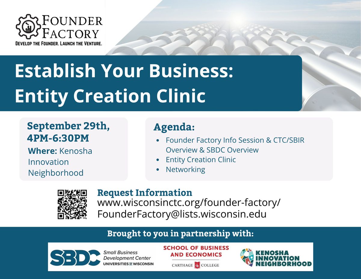 WisconsinSBDC's tweet photo. Starting a business doesn't mean figuring it out on your own. This Entity Creation Clinic will help teach you the fundamentals of business formation.
Kenosha area #innovators, register to join us 4PM on 9/29 at Kenosha Innovation Center: https://t.co/qrBJXlpno0 
@WEDCNews https://t.co/CcUvtZPR8C