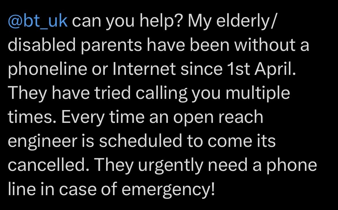 traffordm16's tweet photo. @Turner7804 @bt_uk @Turner7804 seems to be an ongoing thing with @bt_uk to struggle with support for either disabled or elderly. This was reported by another user earlier this year. @Ofcom can you assist with the issue of why elderly customers are not supported correctly. Care lines are emergent https://t.co/Y6znYGK6iD
