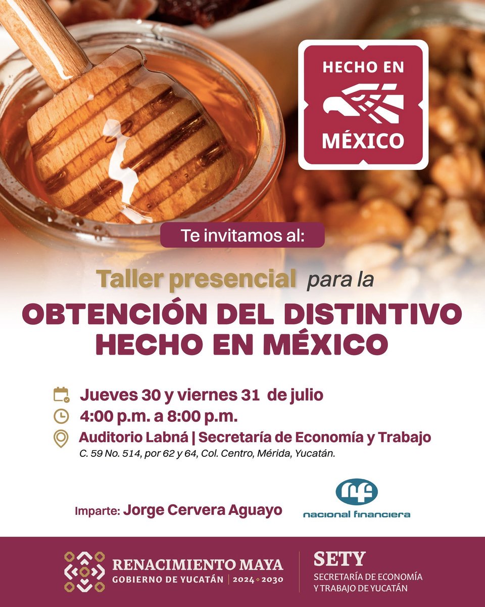 E4TMX's tweet photo. 📢 #E4TDifunde

🇲🇽 Si tienes una #MiPyME en #Yucatán y quieres fortalecer el valor de tus productos, participa en el Taller Presencial para la Obtención del Distintivo #HechoEnMéxico

📅 30 y 31 de julio
📍 Auditorio Labná

📝 Regístrate: https://t.co/wOSgHMvIas

#E4T #MiPyMEs https://t.co/Ru5Z30uldR