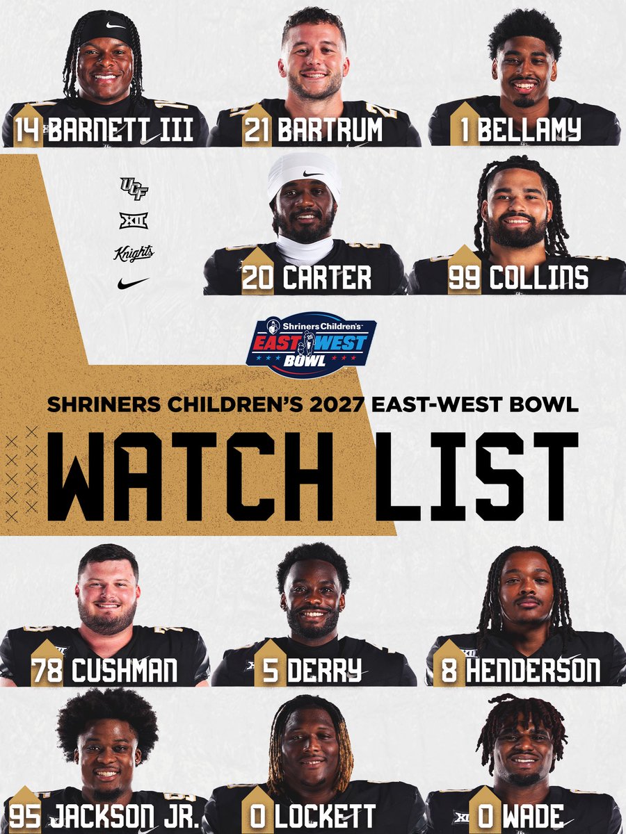 UCF_Football's tweet photo. These 11 Knights Named to ‘27 @shrinersbowl Watch List ⚔️ https://t.co/YPI3gfHoHF