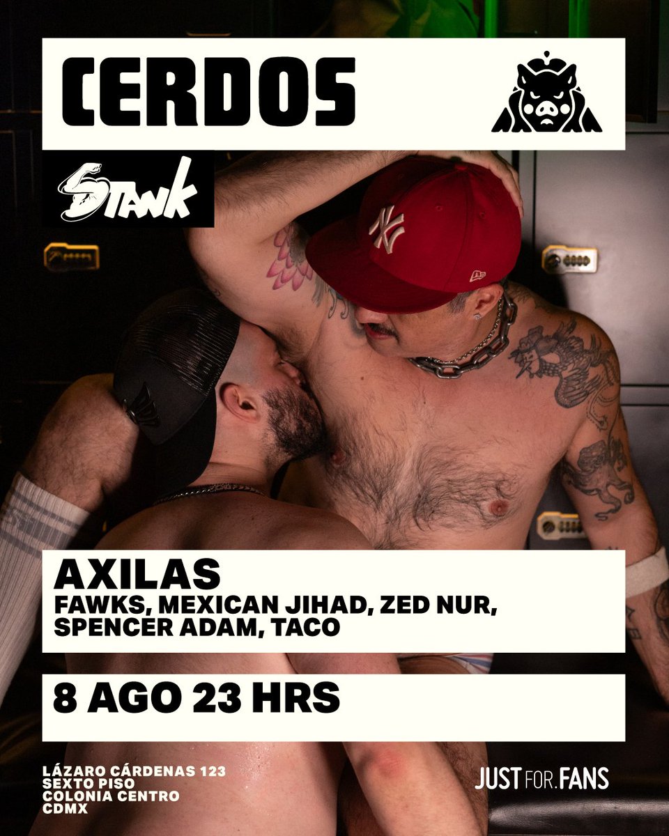 cerdosmx's tweet photo. Axilas sudadas, peludas y apestosas. 🐽🔥
CERDOS x STANK presentan: AXILAS
📅 Sábado 8 de agosto
 🎧 En los decks: #Fawks @mexicanjihad y @chicoarmenio 
 ⛓️ Hosts: @spencer_stanks y @not_anothertaco 
 📍 @Sextopiso_mx CDMX
⚡️ @JustForFansSite 
🎟️ Boletos: https://t.co/7SVvpEm6eT https://t.co/Jpmf1a8y8c