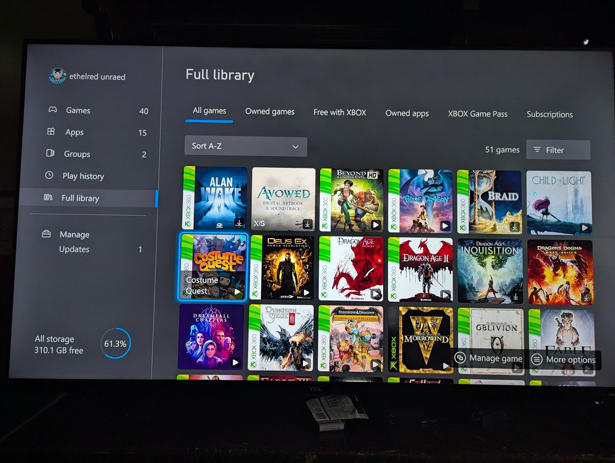 aethelred's tweet photo. Because I play almost all new games on the PlayStation 5 or the PC, my Xbox Series X is basically just a backwards compatibility machine where I play older Xbox games that aren't available on other modem consoles. https://t.co/liS0VzN6Lf