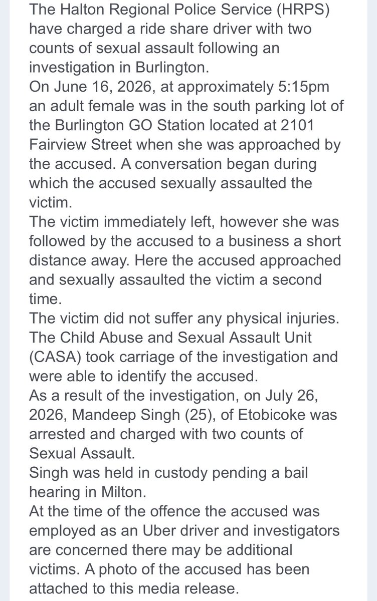 GPmedia_24's tweet photo. RIDE-SHARE DRIVER CHARGED: @HaltonPolice charge 25 year-old ride-share driver w/ two counts of sexual assault stemming fm an alleged assault in #BurlON . Police believe there could be more victims, see more fm HRPS. https://t.co/0Zjs2s5Tcs