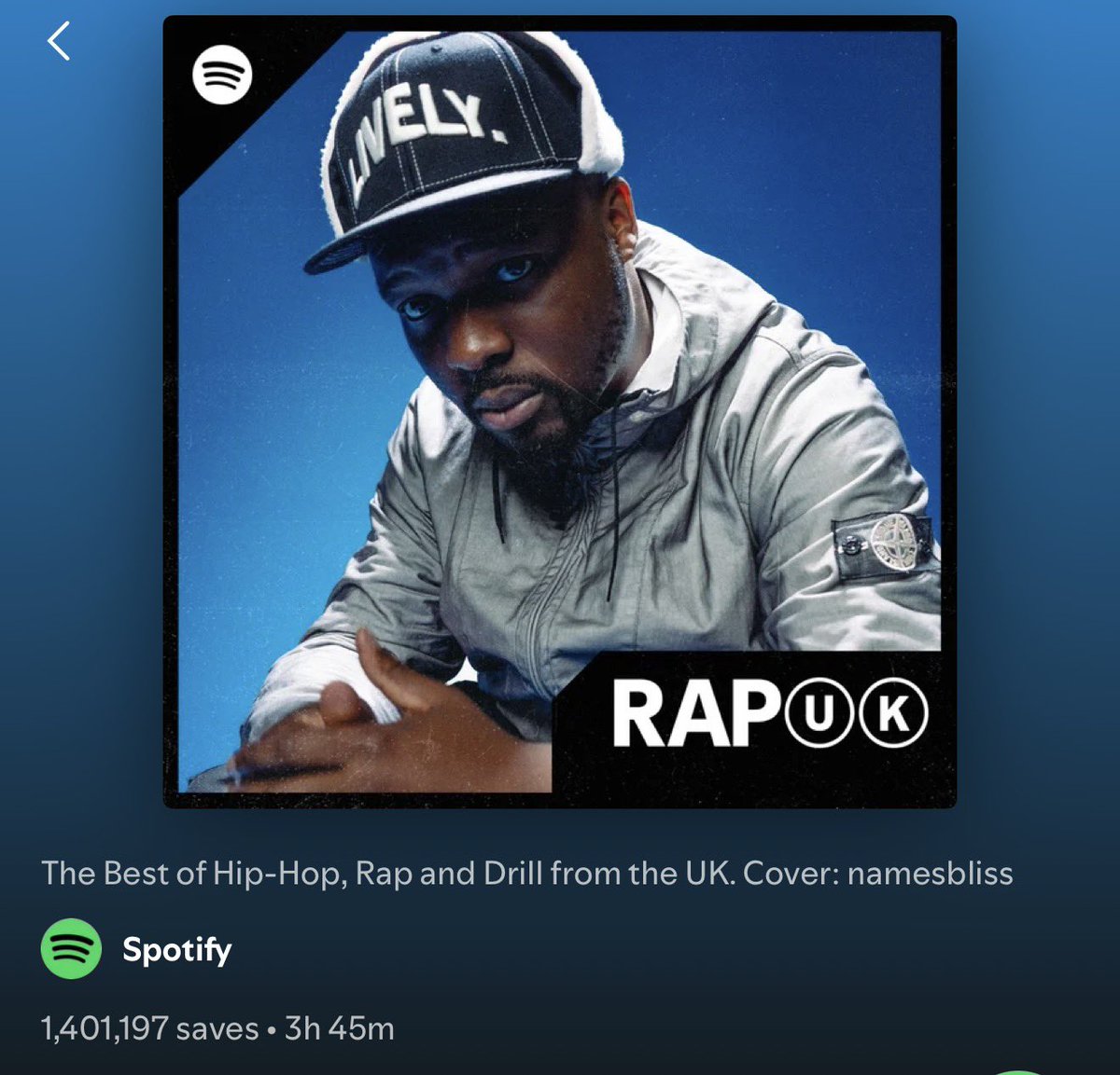 namesbliss's tweet photo. Cover tings 

Rap UK

Big up @SpotifyUK 

🏆 https://t.co/fqW4DUfQHZ
