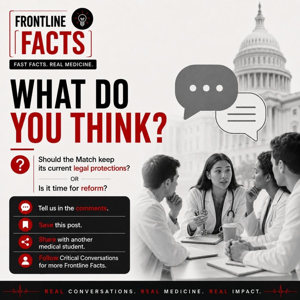 CritConvosEM's tweet photo. Congress is reviewing the Match’s unique antitrust protection.
The outcome could affect medical students, residency programs, and the future physician workforce.
Should the Match keep its current legal protections...or is it time for reform?
#TheMatch #CriticalConversations https://t.co/RhDcfOmBiY