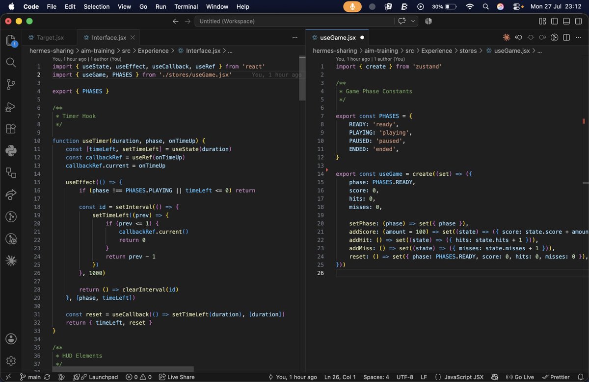 SumoonDev's tweet photo. #LSPPDay57
Today I, 
- split the useGameState.jsx from Interface.jsx
- fixed some errors while switching phases
- created Target.jsx for rendering target(has bugs)
- also created summary ui
@lftechnology
#60DaysOfLearning2026 #LearningWithLeapfrog #reactthreefiber #react #threejs https://t.co/mh8rvbaSbd