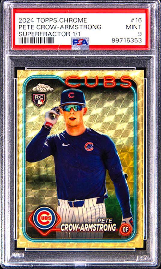 gurucollects's tweet photo. Pete Crow-Armstrong has been gaining ground on Shohei Ohtani in the MVP race, and his card market has seen some huge sales along the way 📈

With The National in Chicago this week, here are five of the biggest recent sales for one of the Windy City’s biggest stars:

🥇 $16.8K — 2024 Topps Chrome Superfractor 1/1
🥈 $14.4K — 2024 Topps Chrome Cosmic Red Flare Auto /5
🥉 $7.6K — 2020 Bowman Chrome Orange Refractor Auto /25
4️⃣ $7.0K — 2024 Topps Transcendent Rookie Auto 1/1
5️⃣ $6.8K — 2024 Topps Gilded Gold Storm SuperFractor 1/1