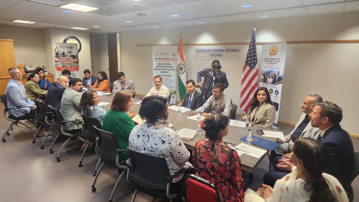 IndiainChicago's tweet photo. The 8th Global Strategic Alliance (GSA) SuperGrains & Millets Round Table, organized by the GSA with support of the Consulate General of India, brought together academicians, agricultural engineers, food entrepreneurs, policymakers, and health experts. Addressing the gathering, the Consul General emphasized that millets are the pathway to healthier diets as they have lower glycemic indices, no gluten and have more nutrients, they help sustainable agriculture, and improved public health. Hon. Minister of Health & Family Welfare, Government of Karnataka, Shri U.T. Khader Fareed, underscored the importance of including millets in daily diet and assured the Government of Karnataka's full support to promote millets. The Cook County Commissioner presented proclamations to the Hon. Minister and the Consul General, while GSA Founder & Chairman Dr. Vijay G. Prabhakar outlined a strategic roadmap for strengthening the India–U.S. Millet Partnership.

@MEAIndia 
@IndianEmbassyUS 
@diaspora_india 
@IndianDiplomacy