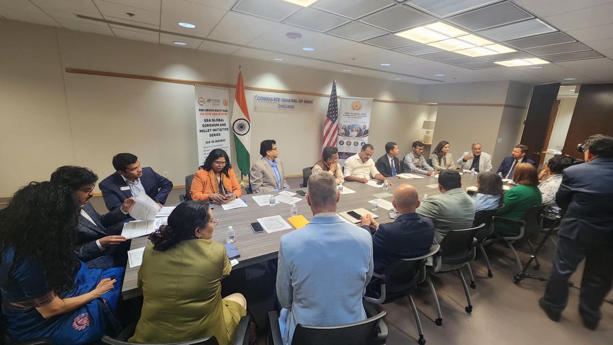 IndiainChicago's tweet photo. The 8th Global Strategic Alliance (GSA) SuperGrains & Millets Round Table, organized by the GSA with support of the Consulate General of India, brought together academicians, agricultural engineers, food entrepreneurs, policymakers, and health experts. Addressing the gathering, the Consul General emphasized that millets are the pathway to healthier diets as they have lower glycemic indices, no gluten and have more nutrients, they help sustainable agriculture, and improved public health. Hon. Minister of Health & Family Welfare, Government of Karnataka, Shri U.T. Khader Fareed, underscored the importance of including millets in daily diet and assured the Government of Karnataka's full support to promote millets. The Cook County Commissioner presented proclamations to the Hon. Minister and the Consul General, while GSA Founder & Chairman Dr. Vijay G. Prabhakar outlined a strategic roadmap for strengthening the India–U.S. Millet Partnership.

@MEAIndia 
@IndianEmbassyUS 
@diaspora_india 
@IndianDiplomacy