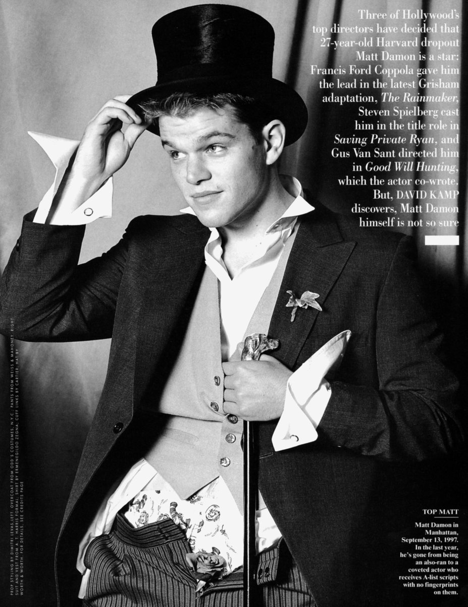 VanityFair's tweet photo. From the #VFArchive: MEET MATT DAMON
By 1997, three of Hollywood's top directors decided that 27-year-old Harvard dropout Matt Damon was a star: Francis Ford Coppola gave him the lead in the latest Grisham adaptation, ‘The Rainmaker,’ Steven Spielberg cast him in the title role in ‘Saving Private Ryan,’ and Gus Van Sant directed him in ‘Good Will Hunting,’ which the actor co-wrote. 

Today, as he stars in ‘The Odyssey’ as Odysseus himself, look back on David Kamp's interview with a younger Damon: https://t.co/G6LpZmRCBx