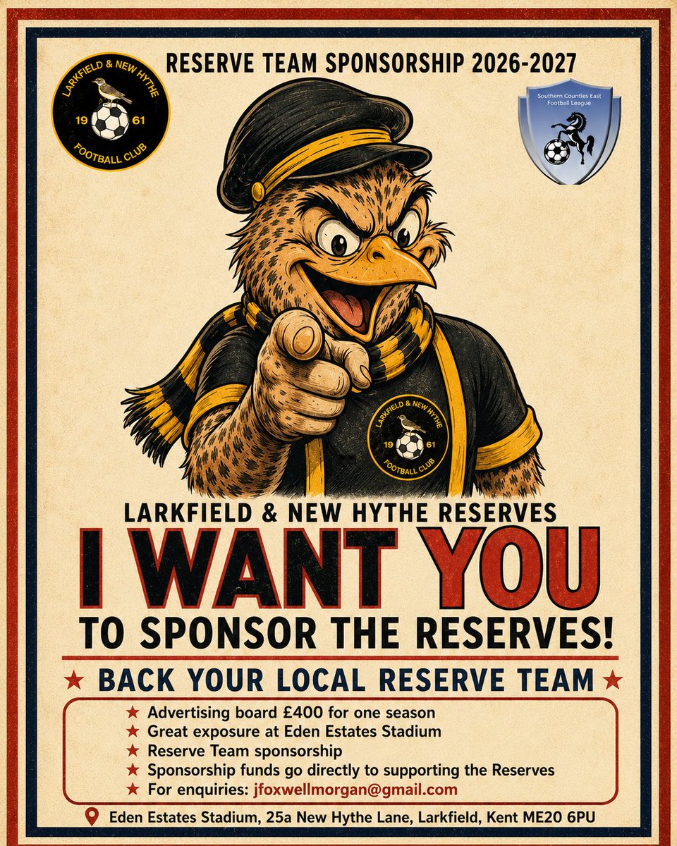 LNHFC1961's tweet photo. 🚨 RESERVE TEAM SPONSORSHIP 🚨

Back @LarksRes for the 2026/27 season!

For £400, your advertising board will be displayed at Eden Estates Stadium, with all sponsorship funds going directly towards supporting our Reserve Team.

📧 jfoxwellmorgan@gmail.com https://t.co/b2iDefIJmT