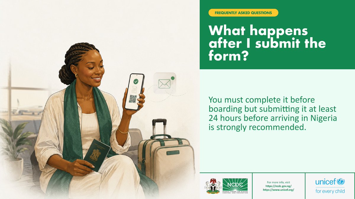 NCDCgov's tweet photo. After submitting your form, you'll receive a PDF confirmation with a QR code by email.

📱 Save it on your phone (or print a copy if you prefer) and have it ready to present to the Port Health Officer when you arrive in Nigeria.

Share this post with someone travelling soon!

#NigeriaTravel #TravelHealth #HealthDeclaration #TravelTips #SafeTravels #PublicHealth