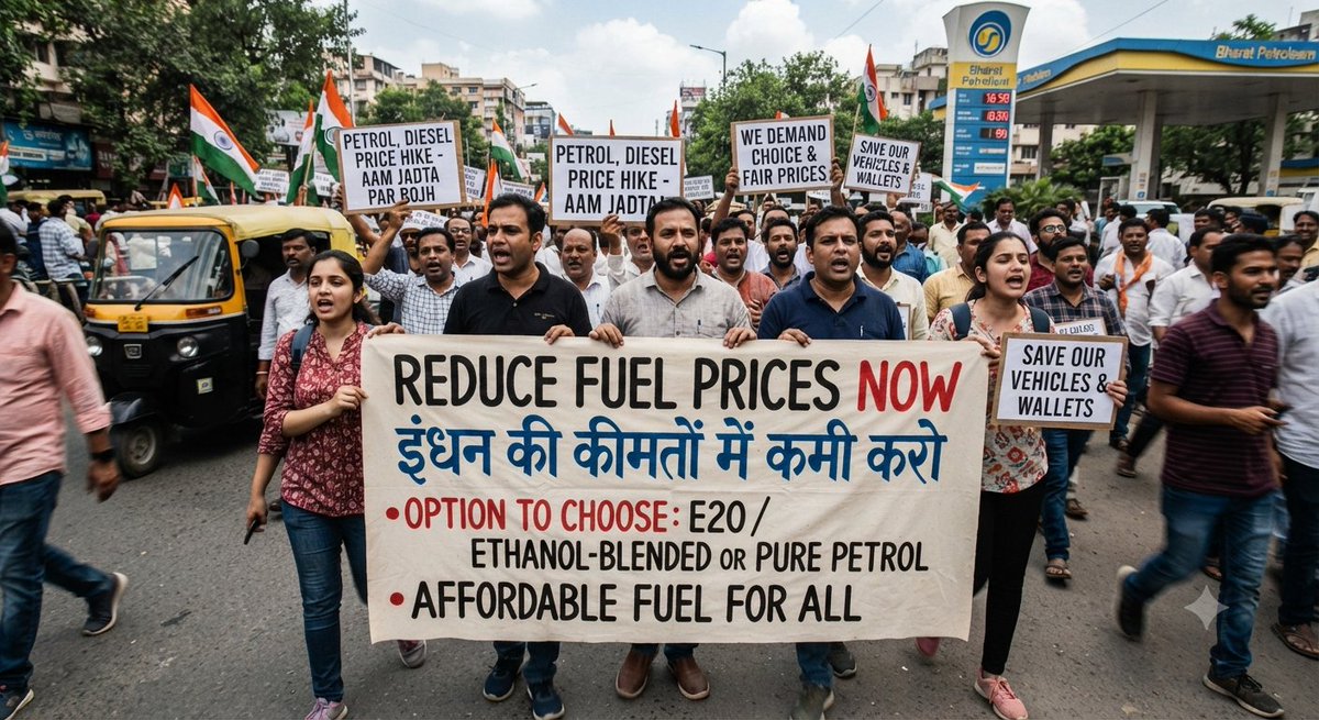 AlakhWallah's tweet photo. Protest for relief! 🇮🇳
Demanding immediate price cuts, the right to choose between E20 &amp; pure petrol, and affordable fuel for everyone.
#E20JantaParty #ReduceFuelPricesNow #FuelReform https://t.co/Qhic9Ol2OC
