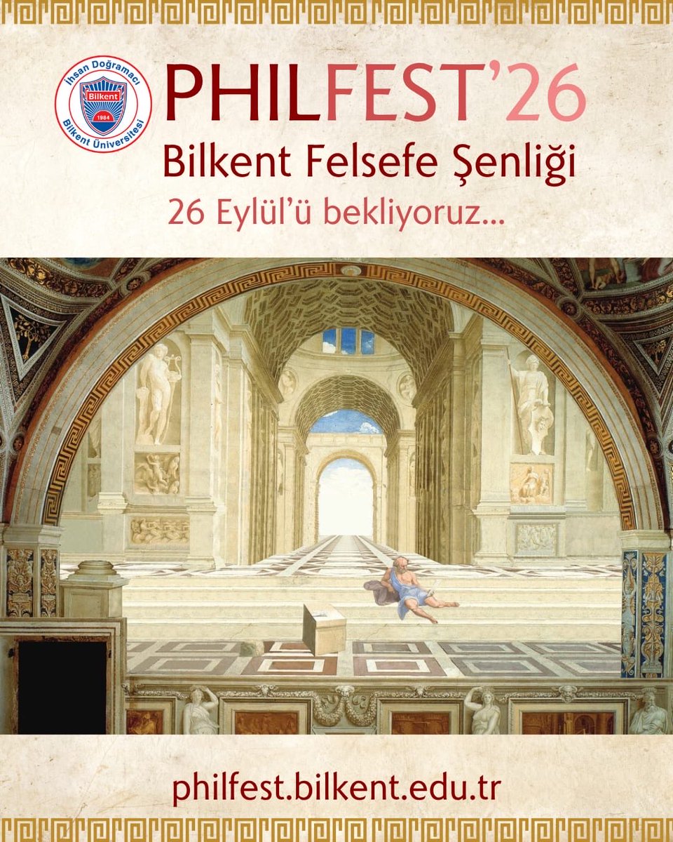 tfnkymz's tweet photo. 26 Eylül 2026 Cumartesi günü tüm felsefeseverleri Bilkent Üniversitesi'ne, PhilFest Bilkent Felsefe Şenliği'ne bekliyoruz.

Ücretsiz kayıtlar 1 Eylül'de açılacak. 

Sahne programı, katılan dernek ve topluluklar, kitap fuar alanı ve şenlik sırasında katılabileceğiniz etkinlikler hakkında bilgi için:
https://t.co/IBe8OzAANY

"Felsefede Kadın" temalı Pecha Kucha sunum çağrımıza başvurular 15 Ağustos'a kadar devam edecek:
https://t.co/jukAV8UJxU

Ayrıca, bu sene ilk defa, şenlik akşamında Bilkent Odeon'da @aoaktas'ın anlatımıyla Bilkent Senfoni Orkestrası'nın "Müziğin Felsefesi" adlı anlatımlı klasik müzik konseri gerçekleşecek. Konser biletleri satışa çıktı, tükenmeden alın derim: 
https://t.co/rLTJ7IFMlO

Bu seneki ana sponsorlarımız: @EBSCO @WeAreTandF

@BilkentUniv @BilkentPhilFest @BilkentPhil @bilkentphilsoc @librarybilkent