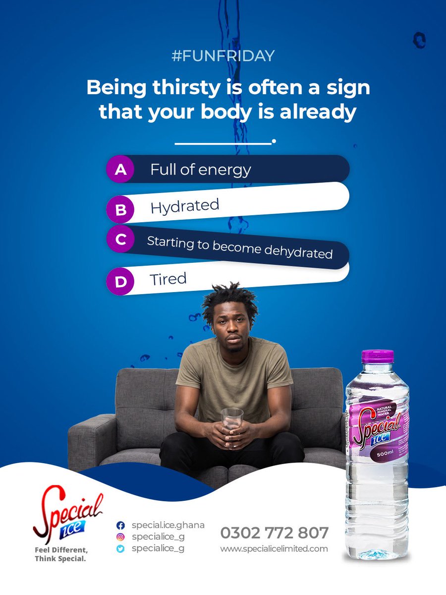 SpecialIce_gh's tweet photo. #FunFriday

Being thirsty is often a sign that your body is already __________.

Leave your answers in the comments section below 👇 
#SpecialIce
#FunFriday
#WeekendVibes https://t.co/CQzYZRsoWf