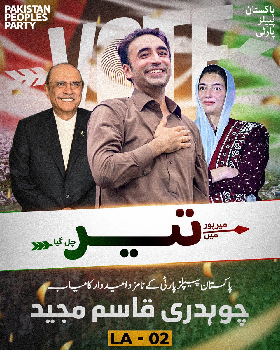 MediaCellPPP's tweet photo. پاکستان پیپلز پارٹی کے امیدوار برائے حلقہ ایل اے 02 چکسواری آزاد جموں و کشمیر اسمبلی چوہدری قاسم مجید 12952 ووٹ لیکر کامیاب۔
@BBhuttoZardari 
#میرپور_میں_تیر_چلےگا https://t.co/xxudGsCQlV