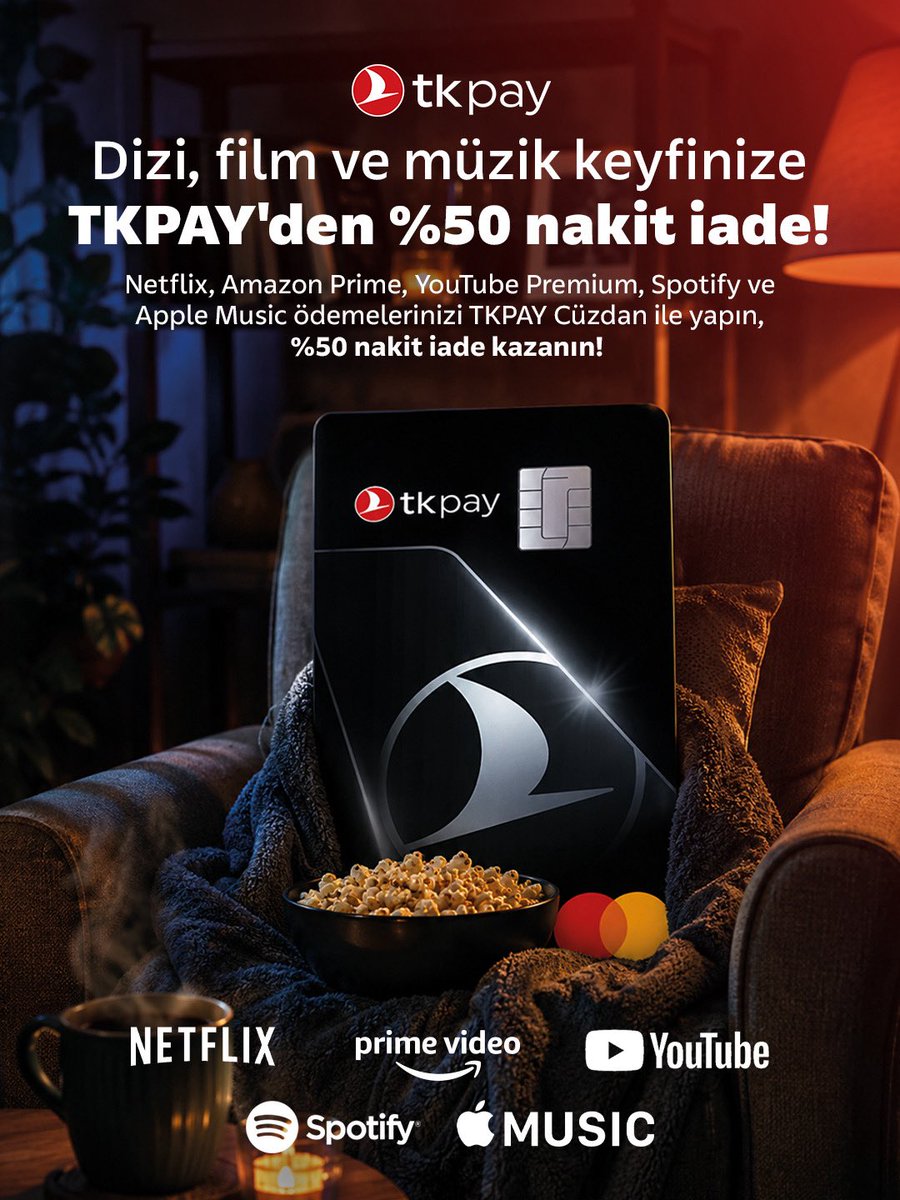 tkpayofficial's tweet photo. Dijital eğlence keyfinize avantaj katın!

Netflix, Amazon Prime, YouTube Premium, Spotify ve Apple Music ödemelerinizi TKPAY Cüzdan ile yapın, %50 nakit iade kazanın! https://t.co/RRMfMPVnBT