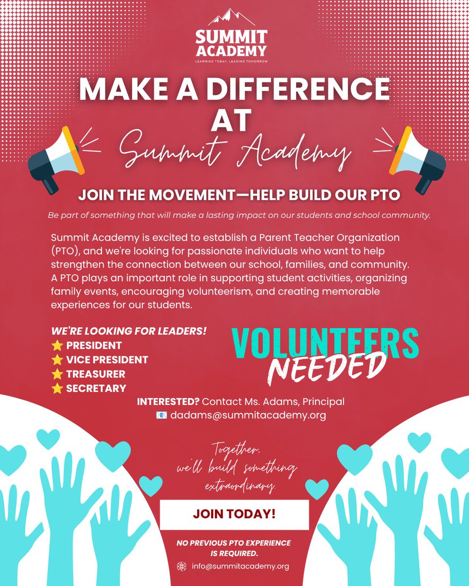 summitcharter_'s tweet photo. 🏆 Help shape the future of Summit Academy! We’re launching our PTO for the 2026-2027 school year and looking for parents, guardians, grandparents, and community members who want to make a difference.

Interested? 📧 dadams@summitacademy.org

#SummitAcademy #SummitBulls #PTO https://t.co/86lPK9UOYA