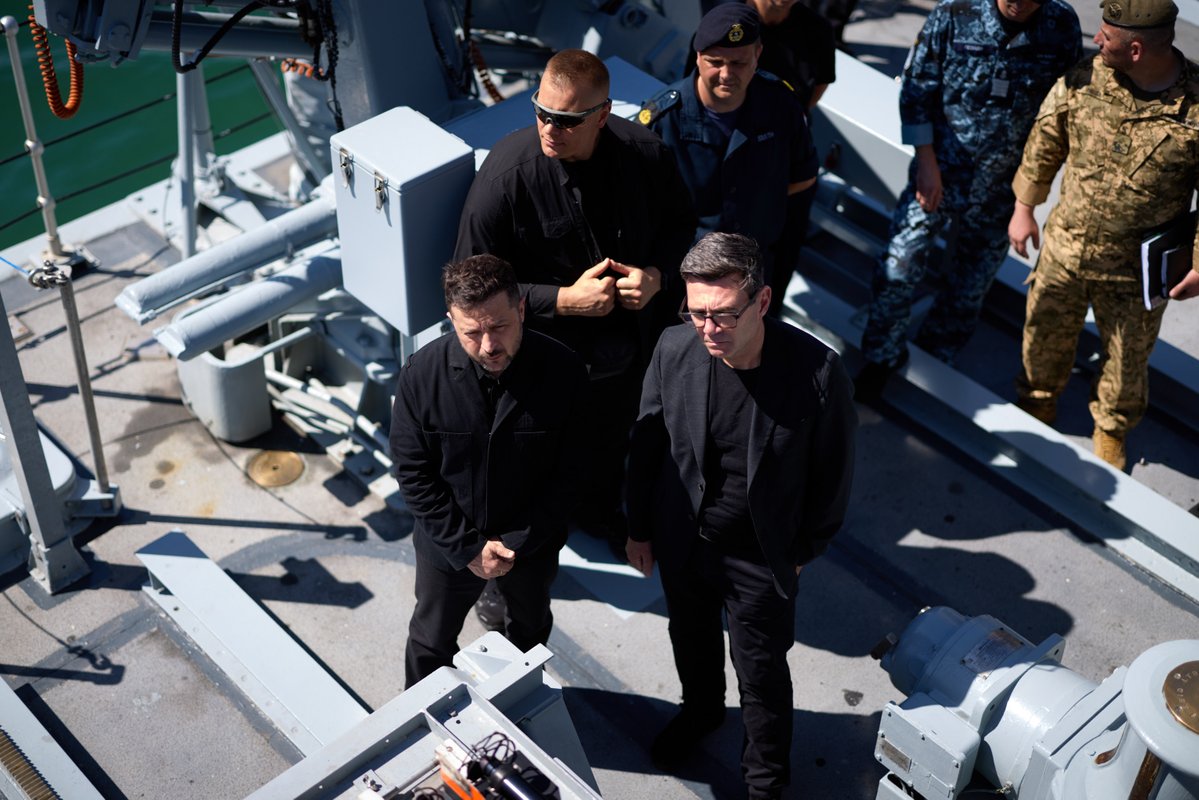 ZelenskyyUa's tweet photo. During a visit to Portsmouth Naval Base, Prime Minister of the United Kingdom Andy Burnham @andyburnham and I went aboard the mine countermeasures vessel Cherkasy. Ukraine received this ship from the United Kingdom in January 2023. In total, five Ukrainian mine countermeasures vessels are based at Portsmouth Naval Base: Melitopol, Mariupol, Henichesk, Cherkasy, and Chernihiv. They will remain based here until the end of the war, after which they will be able to carry out mine clearance operations in our maritime waters. Ukraine is a maritime state, and we are constantly working to strengthen our capabilities in this area. I thank the United Kingdom and all our partners who are helping us with this.