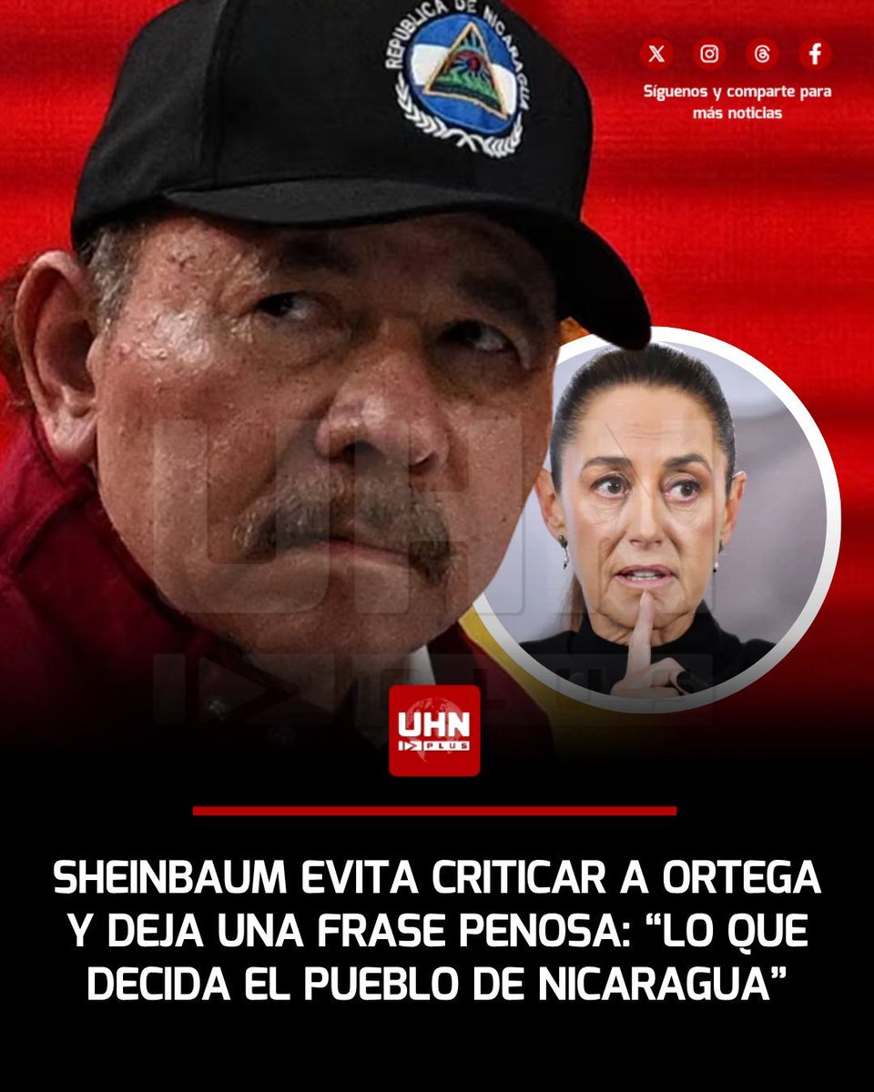 UHN_Plus's tweet photo. 🇲🇽🇸🇻‼️ | En su habitual lamentable rueda de prensa, Claudia Sheinbaum fue consultada por la decisión de Daniel Ortega, dictador de Nicaragua, de eliminar las elecciones presidenciales: “Primero, la autodeterminación de los pueblos y lo que decida el pueblo de Nicaragua. Nosotros siempre estamos del lado de la democracia”. A Sheinbaum se le olvidó que en Nicaragua, el pueblo no decide nada.