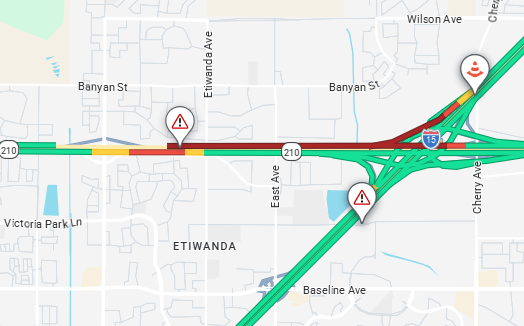 Caltrans8's tweet photo. SBCO: SR-210 traffic incident just east of Day Creek Blvd. All WB lanes closed. Seek alternate routes to avoid delays! Unknown duration to clear. Check https://t.co/ysIjNQnKP2 for updates! #Caltrans8 https://t.co/5A4jlpGoLJ