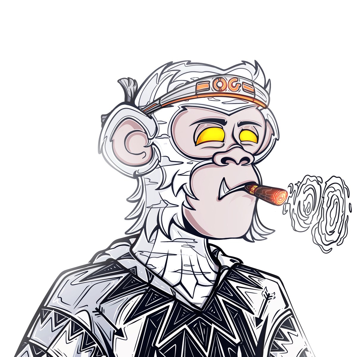 PrimalsNFTx's tweet photo. The last white furred oracle, the eyes of OG Primal are forever locked on the next big score, smoking the signal that wakes the ancient code. https://t.co/6o6ZlbJd9v