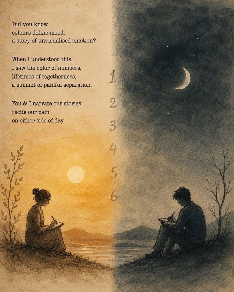 chandanas's tweet photo. Did you know
colours define mood,
a story of unvisualised emotion?

When I understood this,
I saw the color of numbers,
lifetimes of togetherness,
a #summit of painful separation.

You and I narrate our stories,
recite our pain
on either side of day.
#foxprose 
#vss365 https://t.co/pT5KFQjYUG