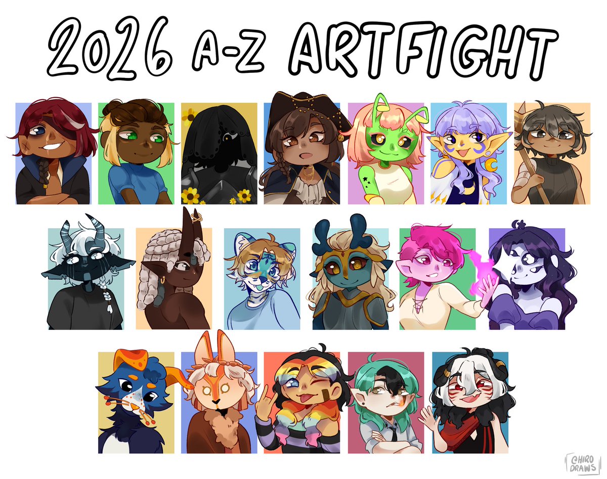HiroDraws's tweet photo. Art fight 2026 A-Z ! All finished. All Characters belong to their creators (if you see your oc lmk) 

#artfight #artfight2026 #teamcomedy https://t.co/Uw3OLb9i99