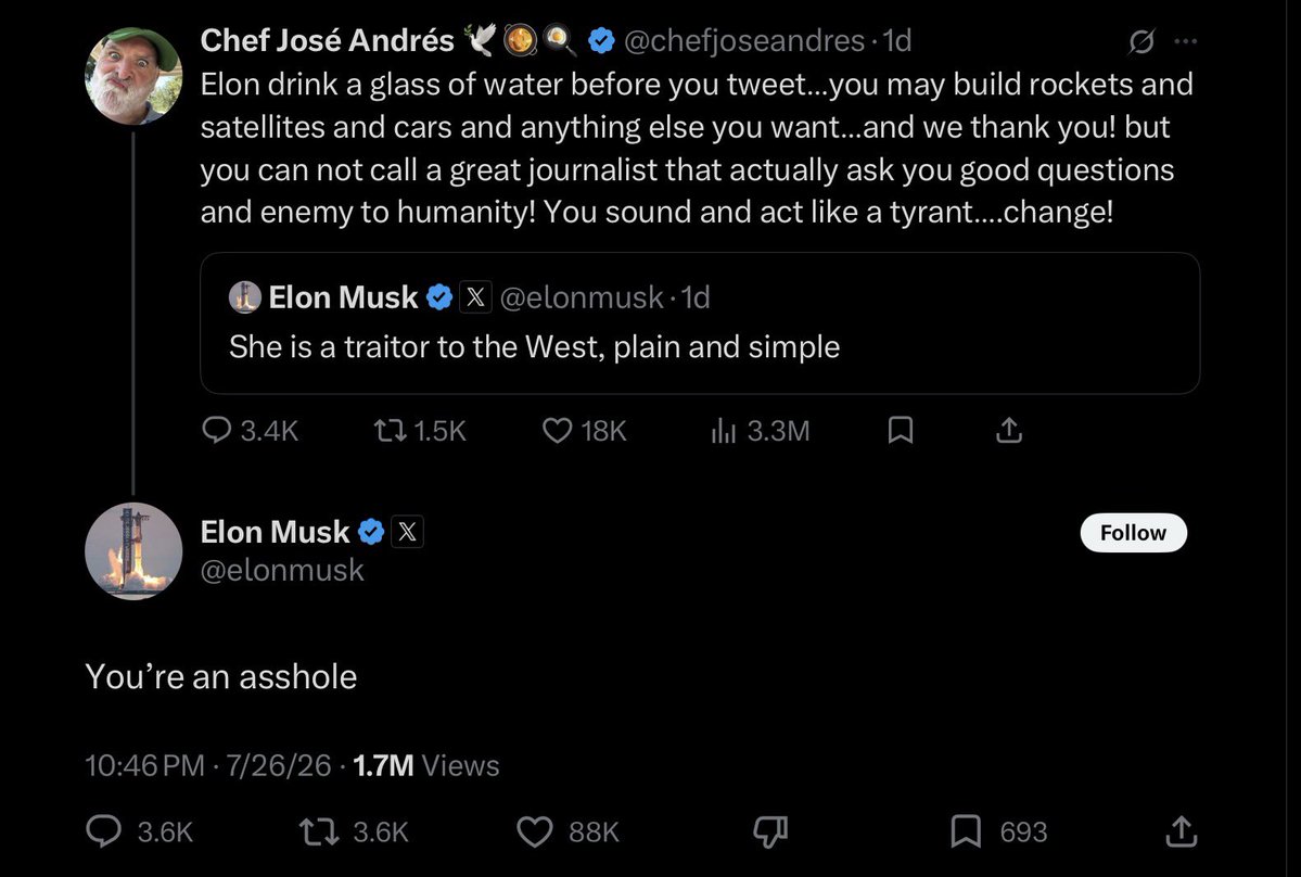 jimstewartson's tweet photo. Elon Musk has promoted “effective altruism” for years as an excuse for people to get obscenely wealthy “for the good of humanity.”

In reality, Chef Andrés is one of the most effective altruists in the world, which is why Elon thinks he’s “an asshole.”

Elon has no capacity for empathy. He never learned to care. He cannot love because his parents are sadistic sociopaths. He’s frozen in his early childhood.

Developmentally, he still has not learned that other people actually exist as feeling beings. Humans are just another object to him, a resource to be collected, spent, and discarded. Emotionally, all he truly feels is narcissistic rage when he fails to get what he wants.

He is an out-of-control toddler with a loaded gun.

We either stop him or he will keep killing people in bigger and bigger numbers.