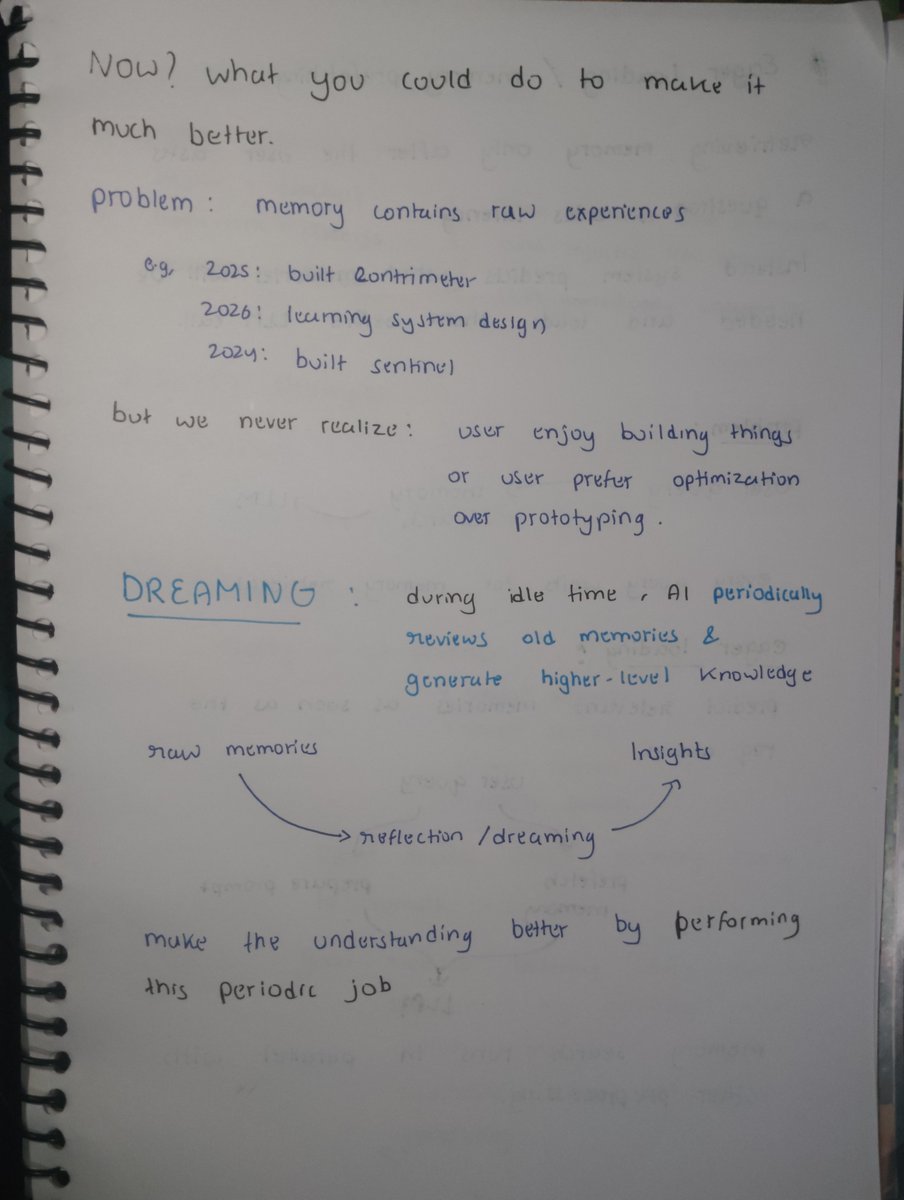 sudo_core's tweet photo. Did you know? That LLMs can also dream?
Yes they can

When you're building a memory engine for ur ai application.
It's crazy how close the system tries to mimic human brain.

Here's my notes from "Memory Engine" class
by @piyushgarg_dev 

PDF : https://t.co/N5RJyG6wrh

#chaicode https://t.co/aDBkXsavAr
