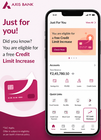 SavingsSimpl's tweet photo. Axis Limit Increase, here's how to check...

🚨 Massive Axis Bank Credit Card limit upgrades are rolling out!

Users are reporting credit limit increases of 110–120%, with some limits going as high as ₹50 lakh. 🤯

Here's how to check if you're eligible:

1️⃣ Open the Axis Mobile app.
2️⃣ Under "Just For You", tap "View All".
3️⃣ Look for a Credit Limit Increase offer.

Alternatively:
➡️ Scroll down to Quick Links.
➡️ Tap Credit Limit Increase.
➡️ Select your credit card and check if an offer is available.

⭐️You can try the same with Axis Chat Support also.

Have you received a limit enhancement? Share:
💳 Old Limit ➜ New Limit

#AxisBank #CreditCard #CreditLimit #SavingsSimplified